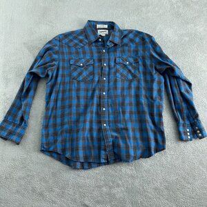 Vintage Campus Blue Plaid Western Shirt XL Snap Button Cotton Blend Mens 0436